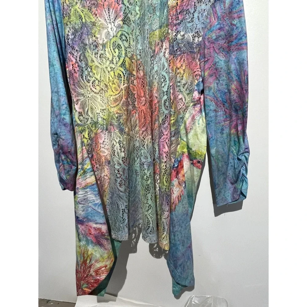 Romance Lovegrl Hummingbird Floral Lace‎ Back Open Front Cardigan Multi Color L